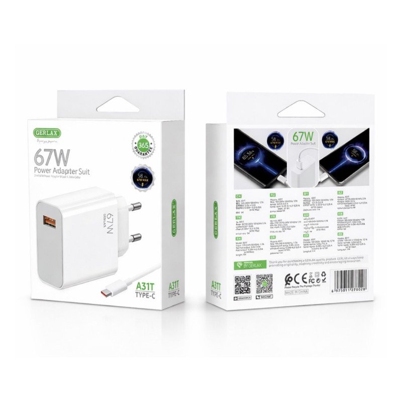GERLAX A31T Mobile Charger PD 67W 1 USB Port With Cable USB To Type-C - Color: White