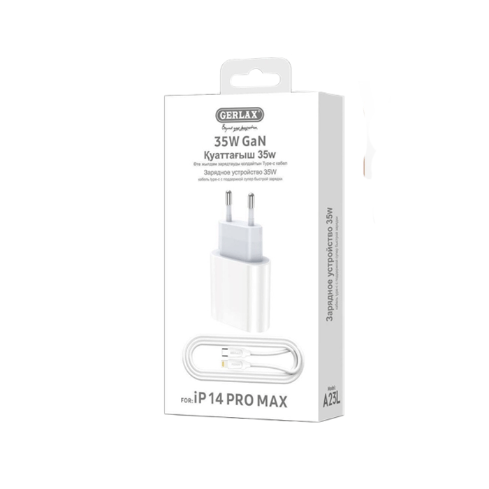 GERLAX A23L Mobile Fast Charger 35W Gan With 1 Type-C Port And Cable Type-C To Lightning - Color: White