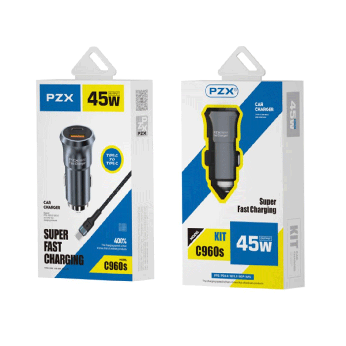 PZX C960S Car Charger 45W MAX With USB And TYPE C Port 5V/3A With Cable Type-C To Type-C - Color: Black