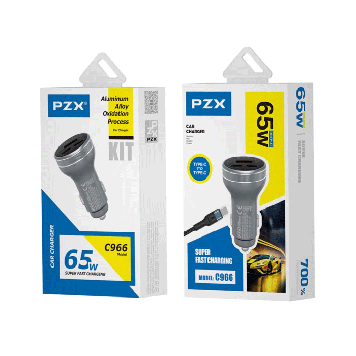 PZX C966 Car Charger 65W MAX With USB And TYPE C Port 5V/3A With Cable Type-C To Type-C - Color: Black