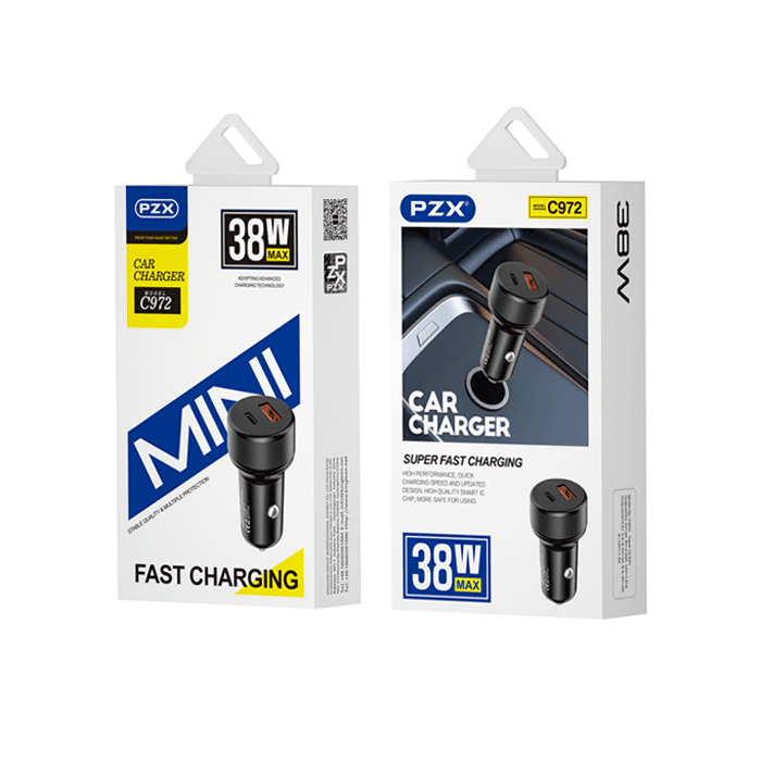 PZX C972 Car Charger 38W With USB And TYPE C Port 5V/3A - Color: Black
