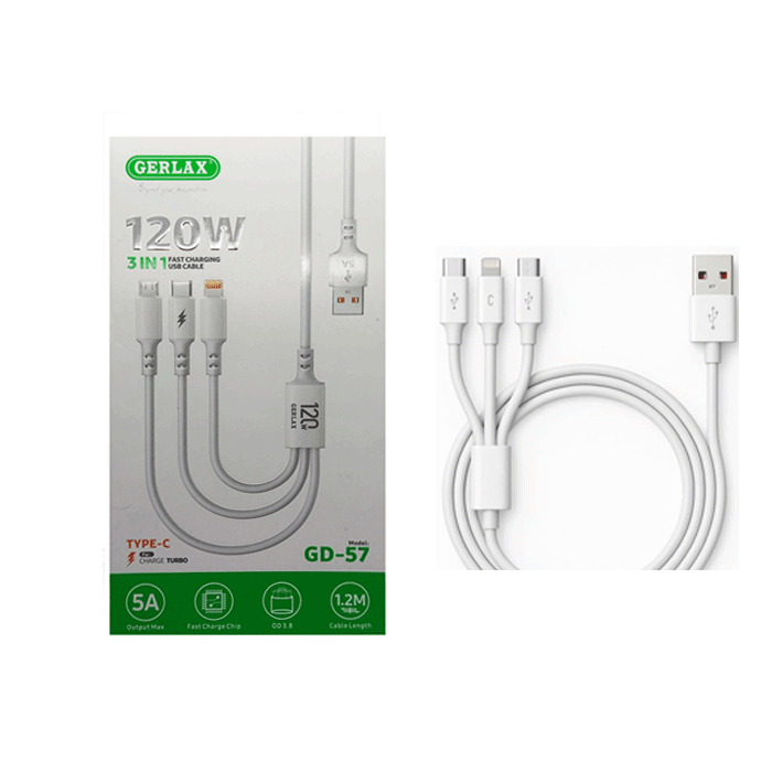 GERLAX GD-57 Charging And DATA 1.2M CABLE 120W 3 in 1 - Color: White
