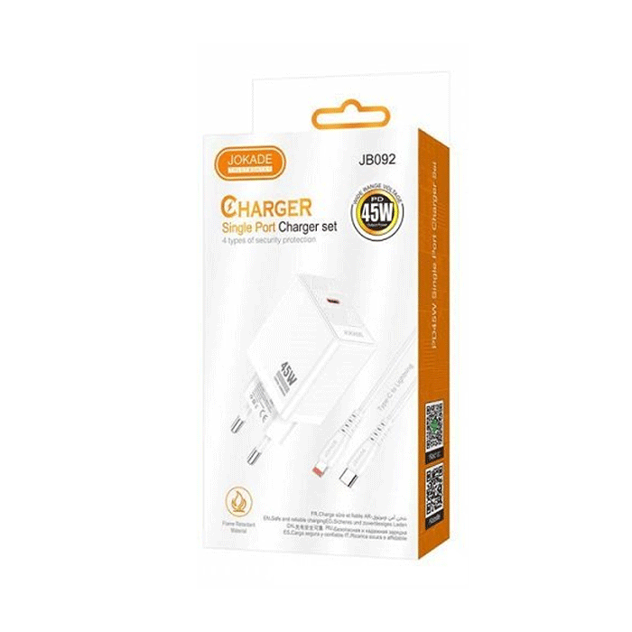 JOKADE JB092 Mobile Fast Charger 45W With 1 Type-C Port And Cable Type-C To Type-C - Color: White