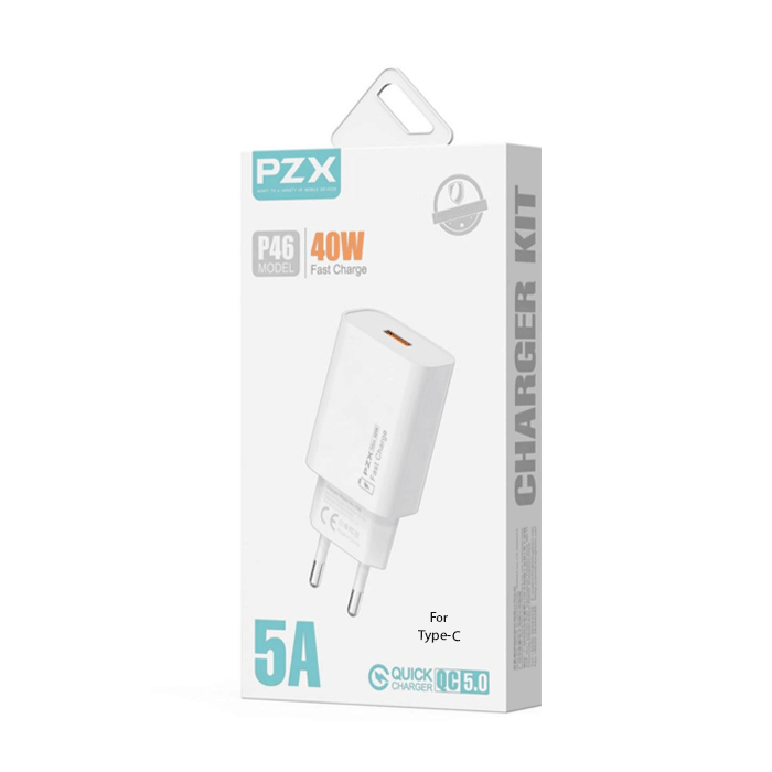 PZX P46 Mobile Charger 40W With 1 USB-A Port And Cable USB-A To Type-C - Color: White