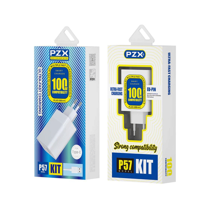 PZX P57 Mobile Fast Charger 100W With 1 USB-A Port And 1 Type-C Port With Cable USB-A To Type-C - Color: White