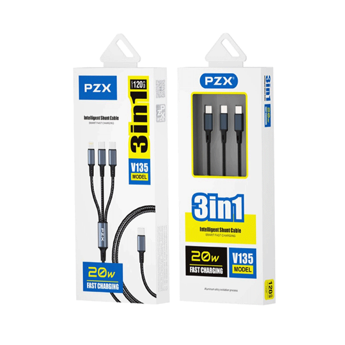 PZX V135 Charging And DATA 1.2M CABLE 3 in 1 With Cable Type-C Το Lightning / 2 Type-C  20W - Color: Black