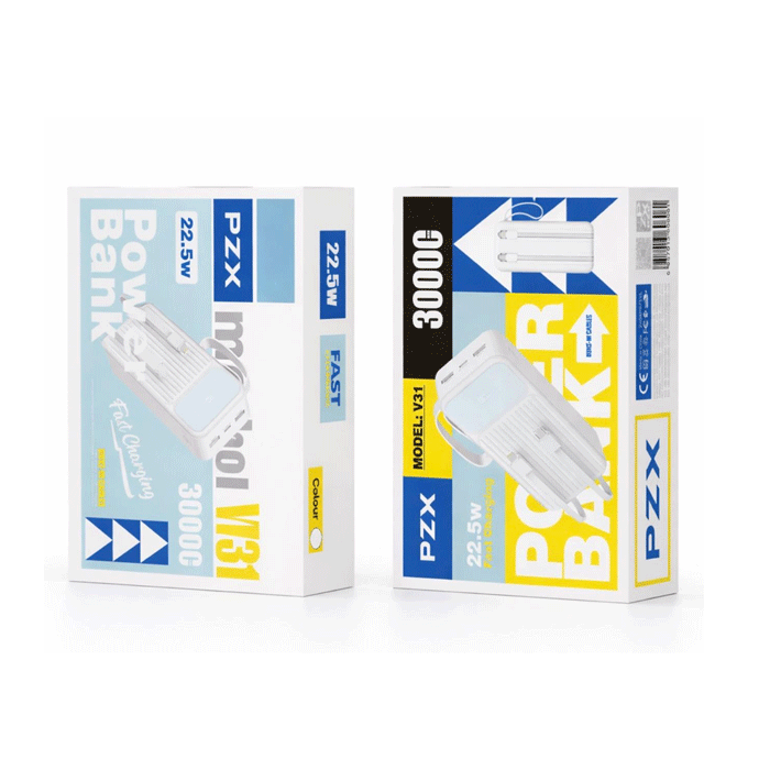 PZX V31 Power Bank 22.5W Fast Charging 30000mAh With 1 Cable Type-C And 1 Cable Lightning - Color : White