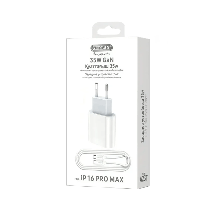 GERLAX A23T Mobile Fast Charger 35W Gan With 1 Type-C Port And Cable Type-C To Type-C - Color: White