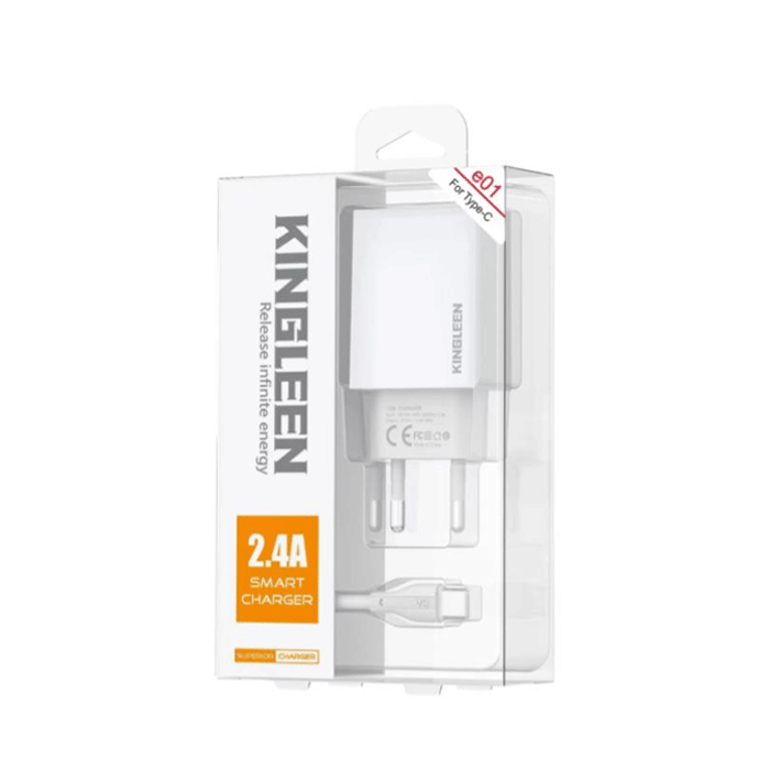 KINGLEEN E01 Charger With 1 Port USB 2.4A With Cable USB-A To Type-C - Color: White