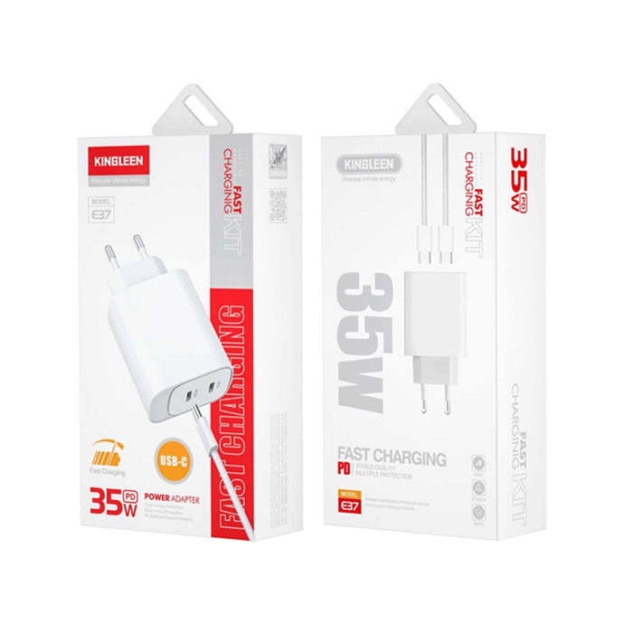 KINGLEEN E37 Mobile Charger 35W With 2 Type-C Ports And Cable Type-C To Type-C - Color: White