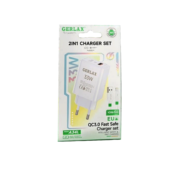 GERLAX A34L Φορτιστής PD 33W Mobile Charger 1 Θύρα USB Με Καλώδιο USB ΣΕ Lightning - Χρώμα: Άσπρο