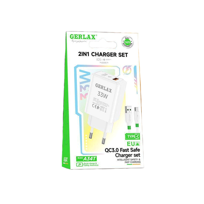 GERLAX A34T Φορτιστής PD 33W Mobile Charger 1 Θύρα USB Με Καλώδιο USB ΣΕ Type-C - Χρώμα: Άσπρο