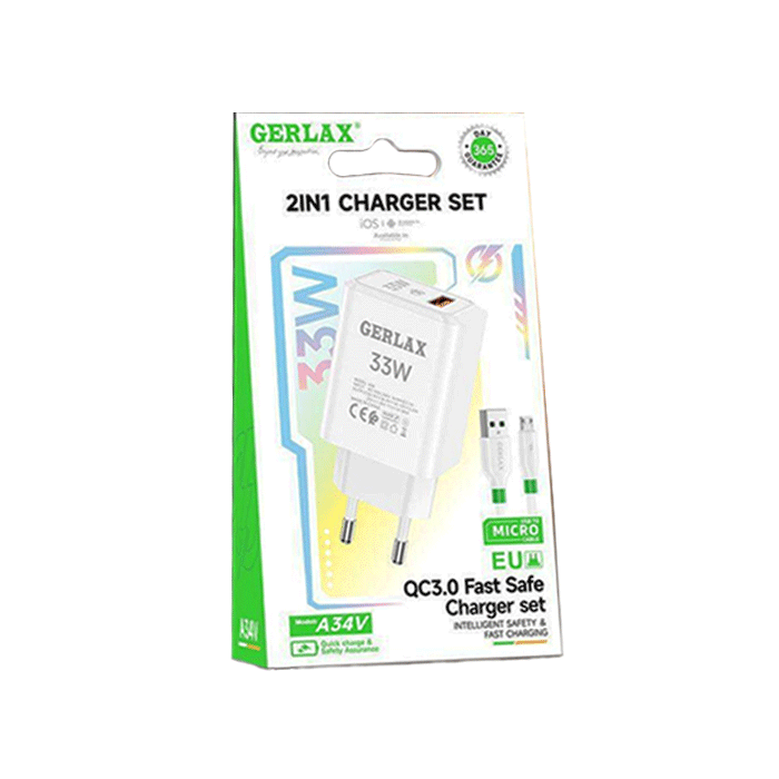 GERLAX A34V Φορτιστής PD 33W Mobile Charger 1 Θύρα USB Με Καλώδιο USB ΣΕ Micro - Χρώμα: Άσπρο