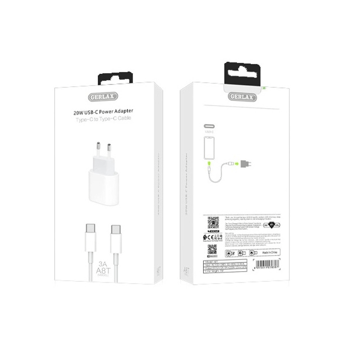 GERLAX A8T Φορτιστής κινητού / Mobile Fast Charger 20W με 1 Θύρα Type-C Και Καλώδιο Type-C Σε Type-C - Χρώμα: Λευκό
