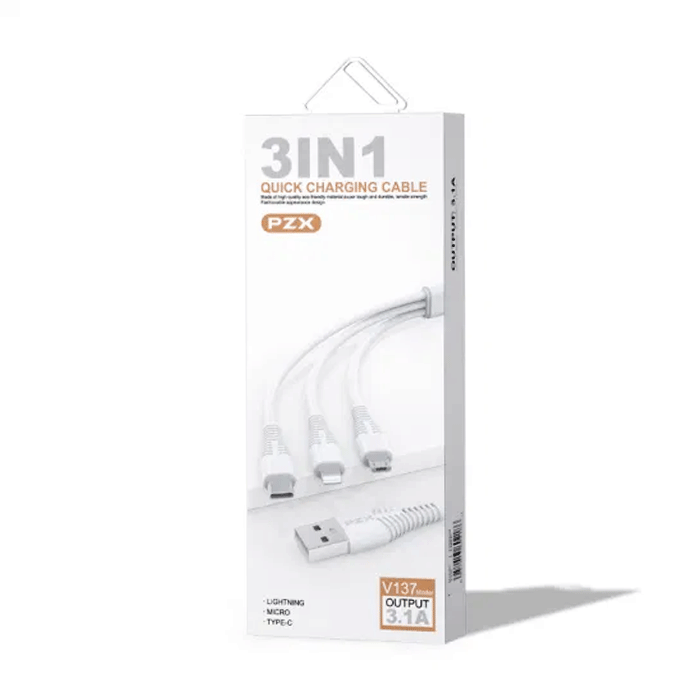 PZX V137 Charging And DATA 1.2M CABLE 3 in 1 USB Το Lightning / Type-C / micro USB 3.1A - Color: White