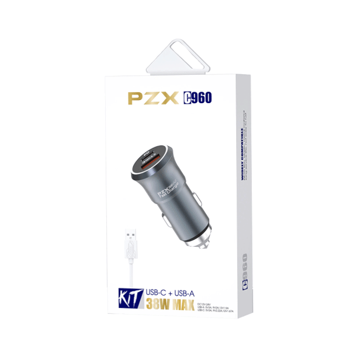 PZX Φορτιστής Αυτοκινήτου / Car Charger C960 38W MAX Με Θύρα USB Και TYPE C 5V/3A Με Καλώδιο USB Σε Lightning - Χρώμα: Μαύρο