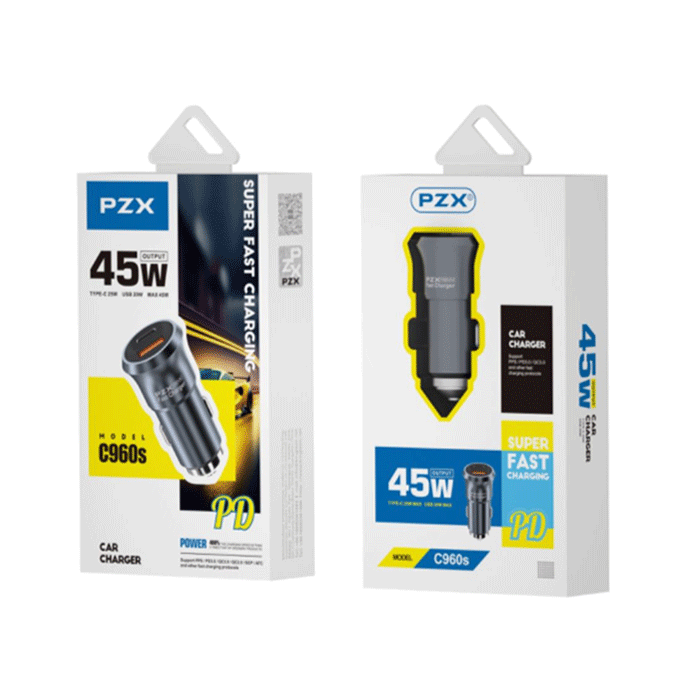 PZX C960S Φορτιστής Αυτοκινήτου / Car Charger 45W Με Θύρα USB Και TYPE C 5V/3A - Χρώμα: Μαύρο