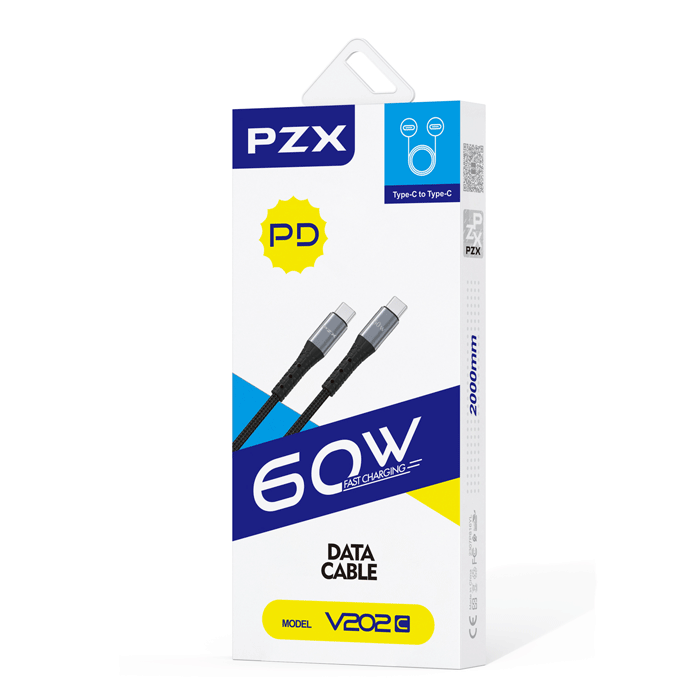 PZX V202C Charging And DATA 2M CABLE Type-C To Type-C PD60W - Color: Black