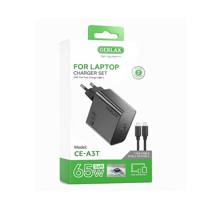 GERLAX CE-A3T Φορτιστής Για Λάπτοπ / Laptop Fast Charger 65W με 1 Θύρα Type-C ME Καλώδιο Type-C Σε Type-C - Χρώμα: Μαυρο