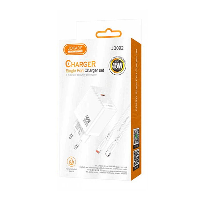 JOKADE JB092 Φορτιστής κινητού / Mobile Fast Charger 45W με 1 Θύρα Type-C Και Καλώδιο Type-C Σε Lightning - Χρώμα: Λευκό