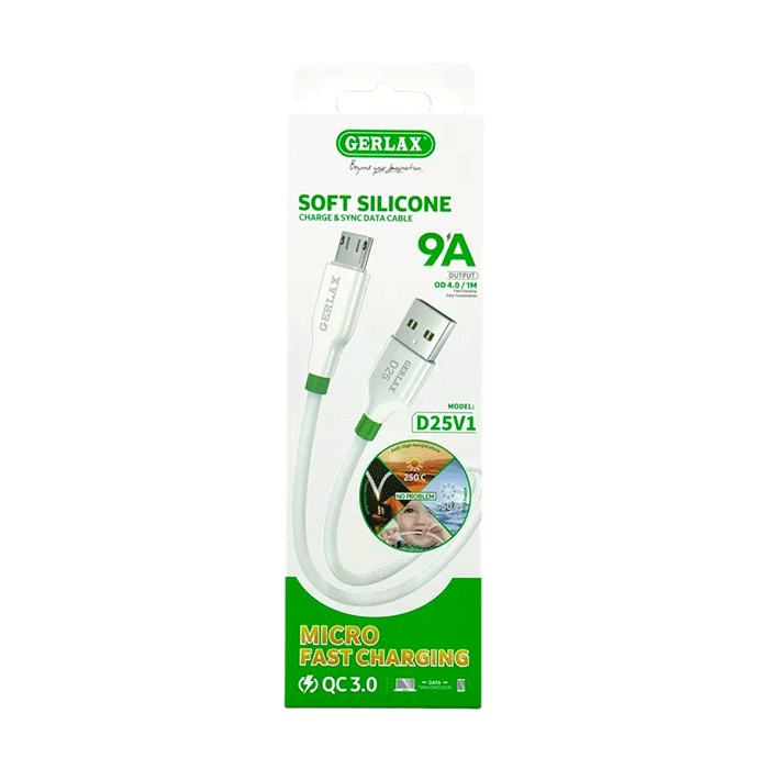 GERLAX D25V1 Καλώδιο Φόρτισης και Μεταφοράς Δεδομένων 1M / Charging And DATA CABLE USB Σε Micro 9A - Χρώμα: Λευκό