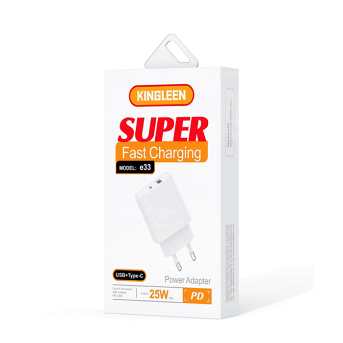 KINGLEEN E33 Φορτιστής κινητού / Mobile Charger 25W με 1 Θύρα USB-A Και 1 Θύρα Type-C - Χρώμα: Λευκό