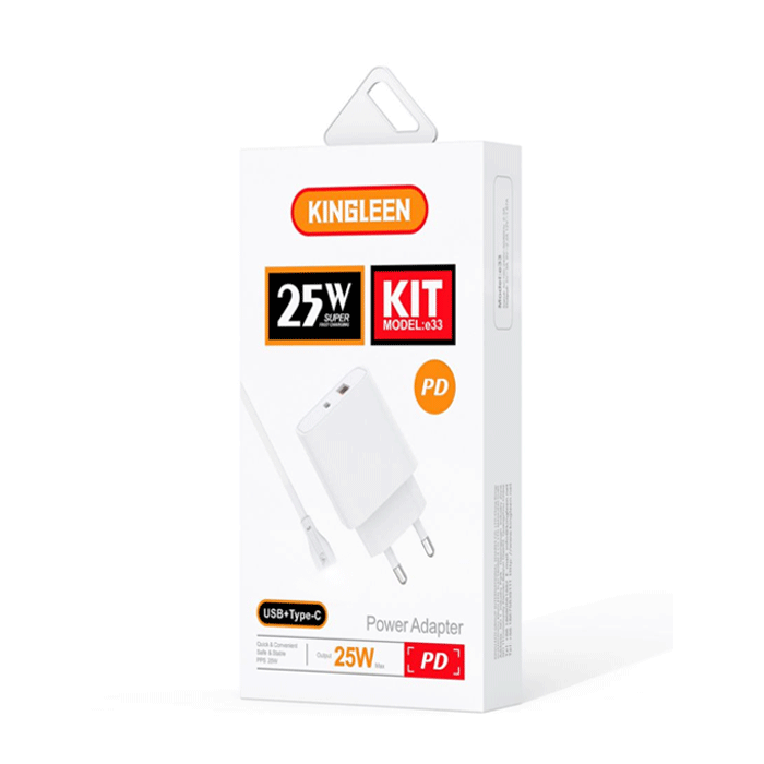 KINGLEEN E33 Φορτιστής κινητού / Mobile Charger 25W με 1 Θύρα USB-A Και 1 Θύρα Type-C Και Με Καλώδιο Type-C Σε Lightning - Χρώμα: Λευκό