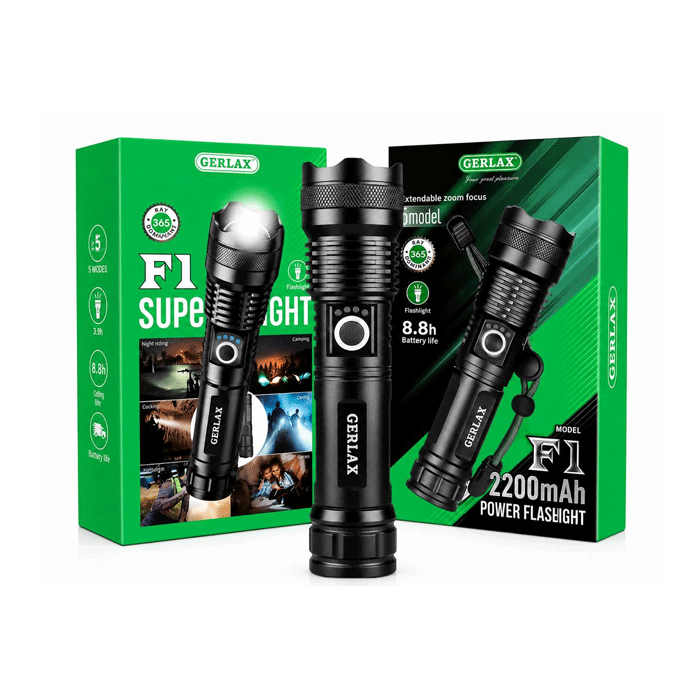 GERLAX F1 Φακός / Super Light 2200mAh Power Flashlight 8.8H - Χρώμα : Μαυρο