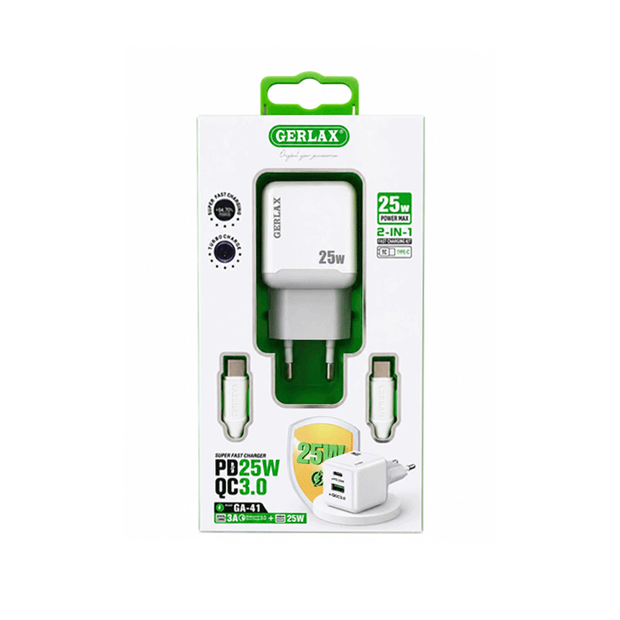 GERLAX GA-41 Φορτιστής κινητού / Mobile Fast Charger 25W με 1 Θύρα Type-C Και 1 Θύρα USB ME Καλώδιο Type-C Σε Type-C - Χρώμα: Λευκό