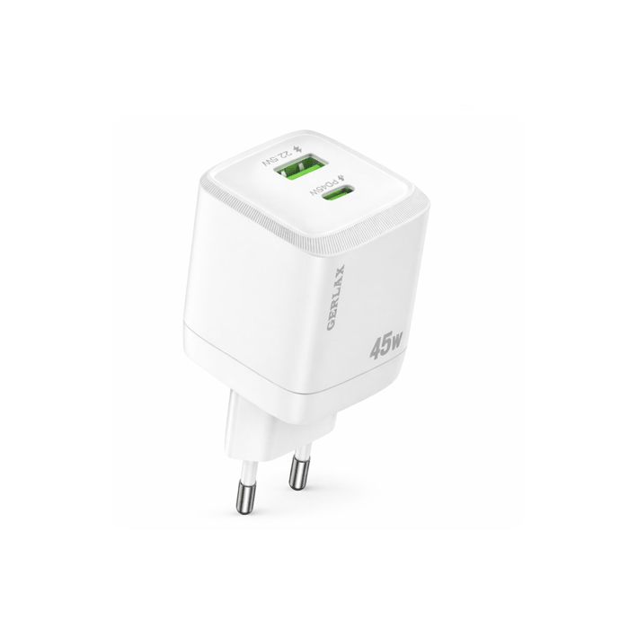 GERLAX GA-47S Φορτιστής κινητού / Mobile Fast Charger 45W Gan με 1 Θύρα Type-C Και 1 Θύρα USB - Χρώμα: Λευκό