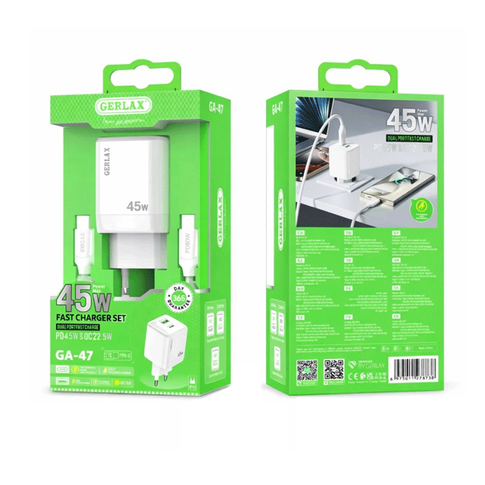 GERLAX GA-47 Φορτιστής κινητού / Mobile Fast Charger 45W Gan με 1 Θύρα Type-C Και 1 Θύρα USB ME Καλώδιο Type-C Σε Type-C - Χρώμα: Λευκό