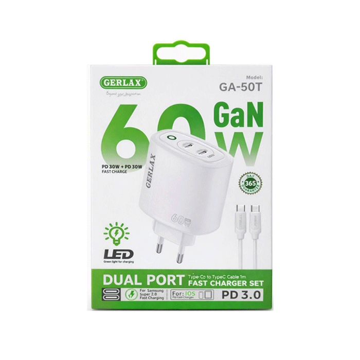 GERLAX GA-50T Φορτιστής GaN PD 60W Mobile Charger 2 Θύρες TYPE C Με Καλώδιο Type-C ΣΕ Type-C - Χρώμα: Άσπρο