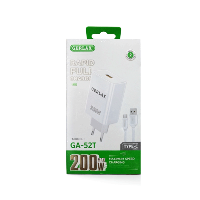 GERLAX GA-52T Φορτιστής 200W Mobile Charger 1 Θύρα USB Με Καλώδιο USB ΣΕ Type-C - Χρώμα: Άσπρο