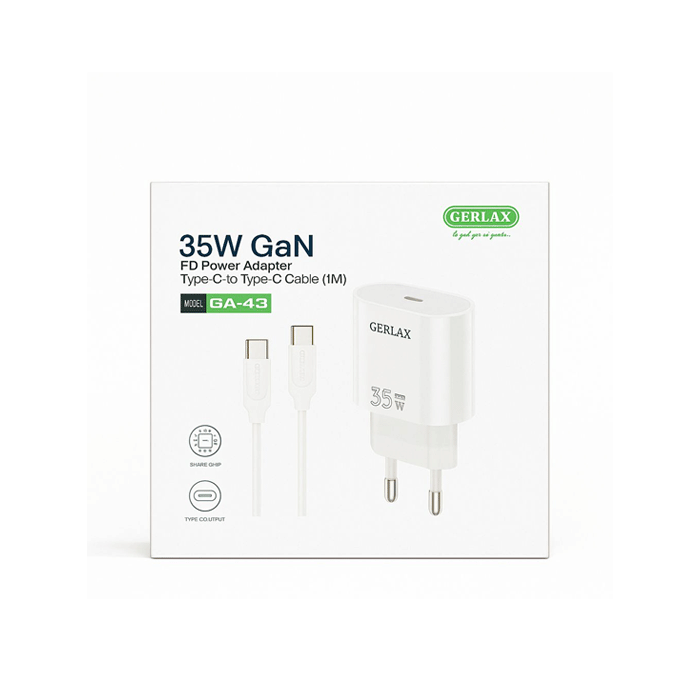 GERLAX GA-43T Φορτιστής κινητού / Mobile Fast Charger 35W Gan με 1 Θύρα Type-C Και Καλώδιο Type-C Σε Type-C - Χρώμα: Λευκό