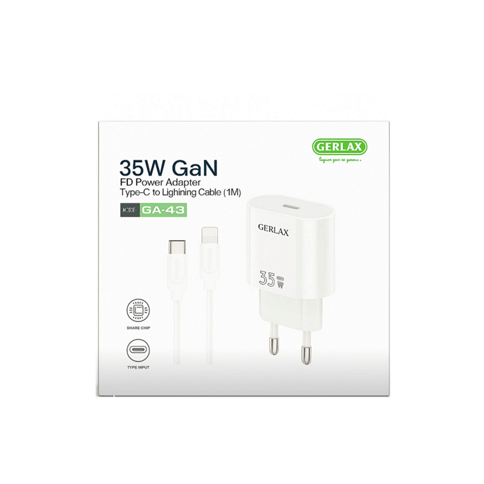 GERLAX GA-43L Φορτιστής κινητού / Mobile Fast Charger 35W Gan με 1 Θύρα Type-C Και Καλώδιο Type-C Σε Lightning - Χρώμα: Λευκό