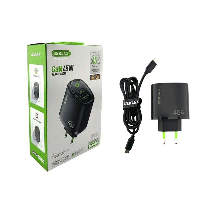 GERLAX GA-44T Φορτιστής GaN PD 45W Mobile Charger 1 Θύρα USB-A Και 1 Θύρα TYPE C Με Καλώδιο Type-C ΣΕ Type-C - Χρώμα: Μαυρο