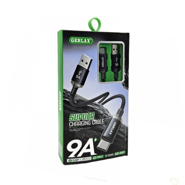GERLAX GD-58T2 Καλώδιο Φόρτισης και Μεταφοράς Δεδομένων 2m USB ΣΕ TYPE C Charging Data Cable 9A - Χρώμα: Μαύρο