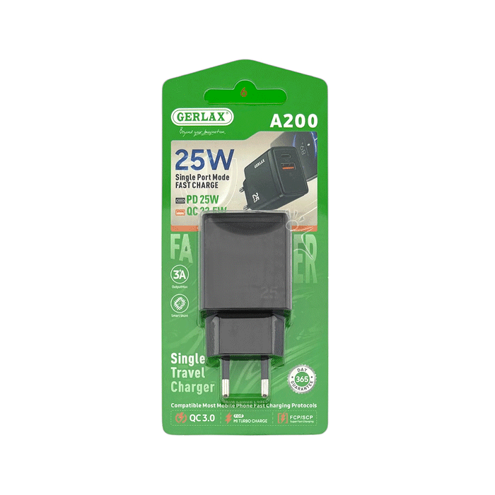 GERLAX A200 Φορτιστής 25W Mobile Charger 1 Θύρα USB-A Και 1 Θύρα TYPE C - Χρώμα: Μαυρο