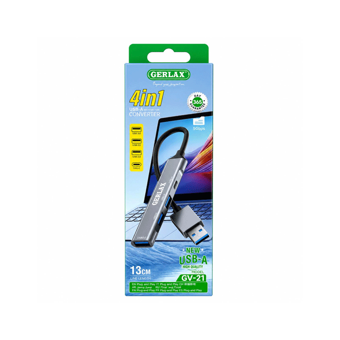 GERLAX GV-21 Μετατροπέας USB-A ΣΕ 1 USB 3.0 Και 2 USB 2.0 Και 1 USB-C Adaptor 4 IN 1 With Cable 13cm - Χρώμα: Μαύρο