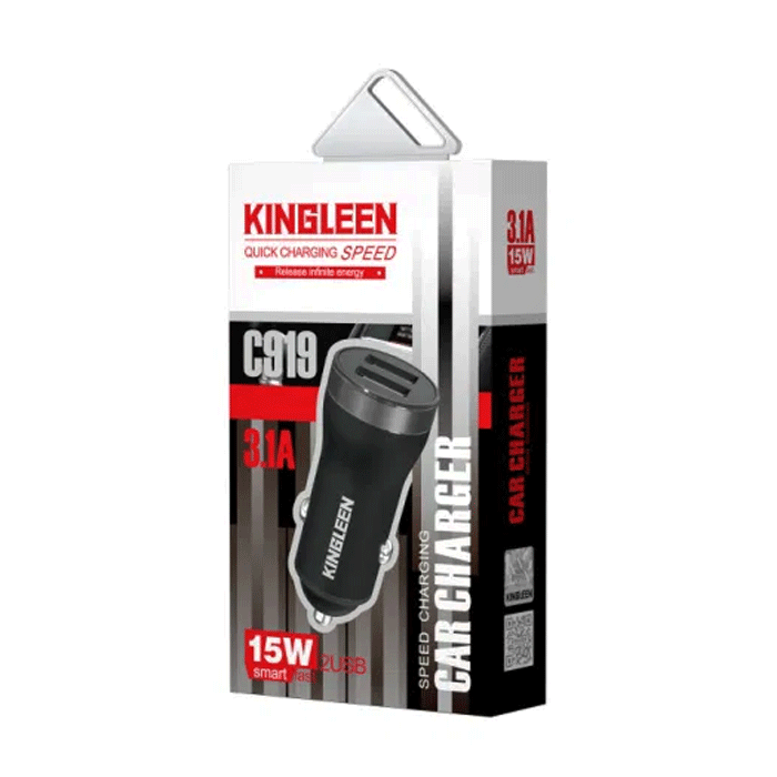 KINGLEEN Φορτιστής Αυτοκινήτου C919 με Δύο Θύρες USB Και Καλώδιο Φόρτισης USB ΣΕ LIGHTNING 3.1A Car Charger 2 USB Ports And USB TO LIGHTNING Cable 15W - Χρώμα: Μαύρο