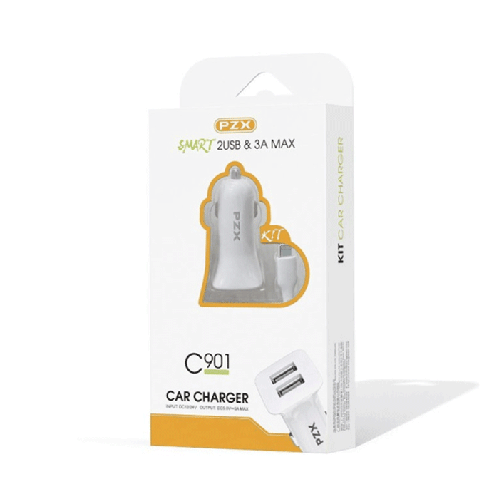 PZX Φορτιστής Αυτοκινήτου / Car Charger C901 με Δύο Θύρες USB Και Καλώδιο Φόρτισης USB Σε Lightning 3A MAX - Χρώμα: Λευκό