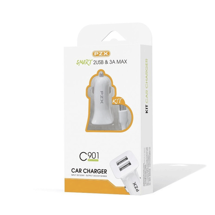 PZX Φορτιστής Αυτοκινήτου / Car Charger C901 με Δύο Θύρες USB Και Καλώδιο Φόρτισης USB Σε MICRO 3A MAX - Χρώμα: Λευκό