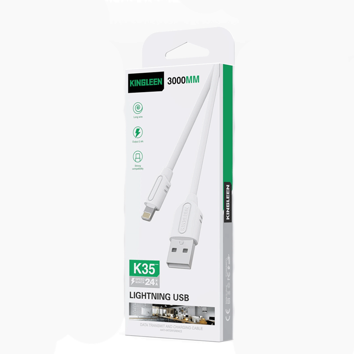 KINGLEEN K35 Καλώδιο Φόρτισης και Μεταφοράς Δεδομένων 3M / Charging And DATA CABLE USB ΣΕ Lightning 2.4A - Χρώμα: Λευκό