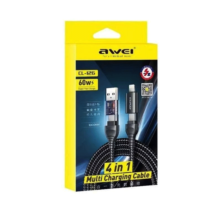 AWEI CL-126 Καλώδιο Φόρτισης και Μεταφοράς Δεδομένων 1Μ DATA CABLE 4 Σε 1 Multi Charging Cable 60W Τype C Σε Type-C (USB / Lightning Αλλαγή Βυσμάτων) Χρώμα : Μαυρο