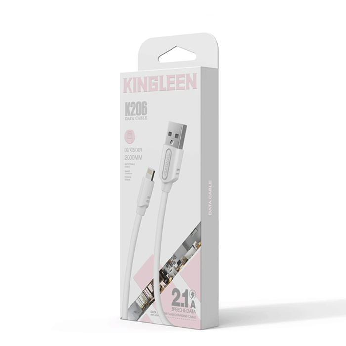 KINGLEEN K206 Καλώδιο Φόρτισης και Μεταφοράς Δεδομένων 2M / Charging And DATA CABLE USB Σε Lightning 2.1A - Χρώμα: Λευκό