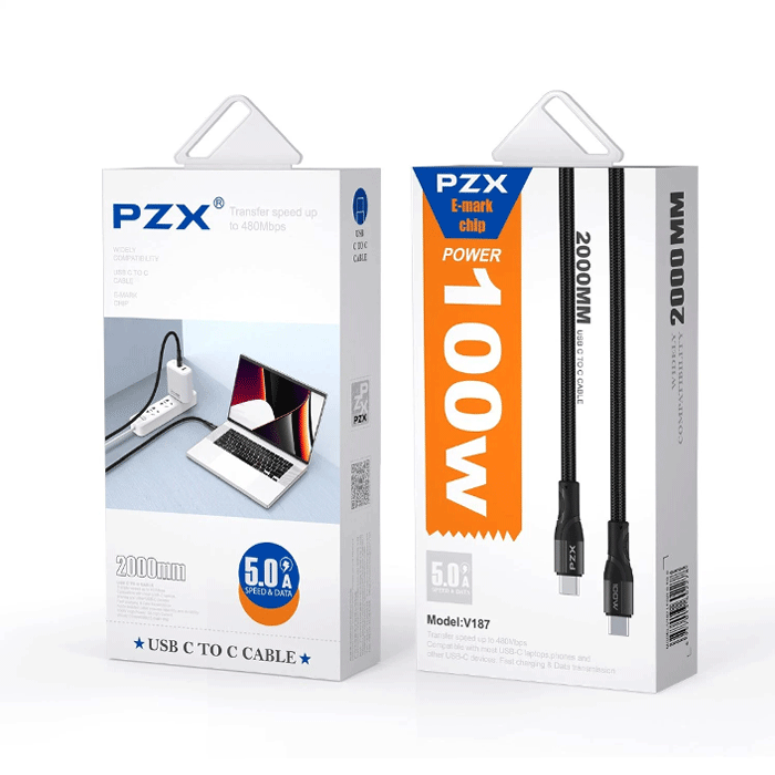 PZX V187 Καλώδιο Φόρτισης και Μεταφοράς Δεδομένων 2M / Charging And DATA CABLE Type-C Σε Type-C 100W - Χρώμα: Μαύρο