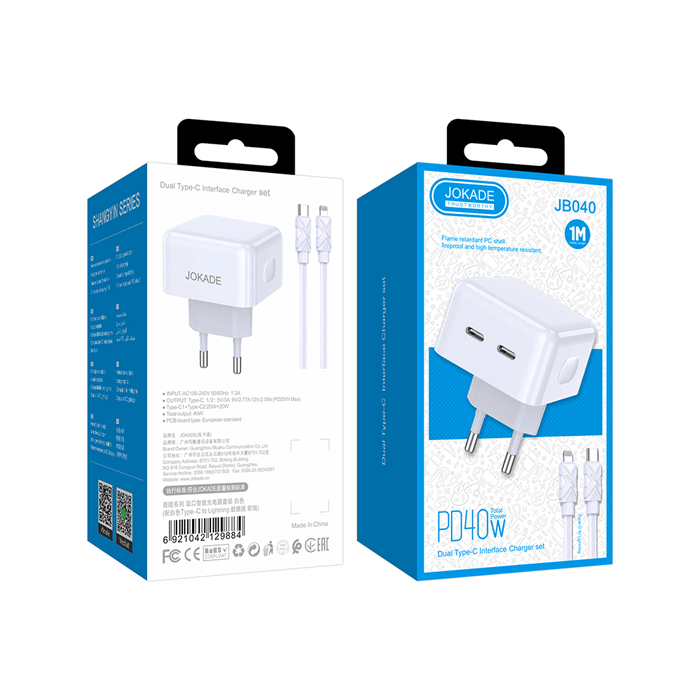 JOKADE JB040 Φορτιστής κινητού / Mobile Charger 40W Με 2 Θύρες Type-C Και Καλώδιο Type-C Σε Lightning - Χρώμα: Λευκό