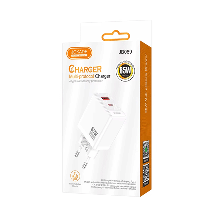 JOKADE JB089 Φορτιστής κινητού / Mobile Fast Charger 65W με 1 Θύρα USB-A Και 1 Θύρα Type-C - Χρώμα: Λευκό