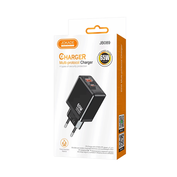 JOKADE JB089 Φορτιστής κινητού / Mobile Fast Charger 65W με 1 Θύρα USB-A Και 1 Θύρα Type-C - Χρώμα: Μαυρο