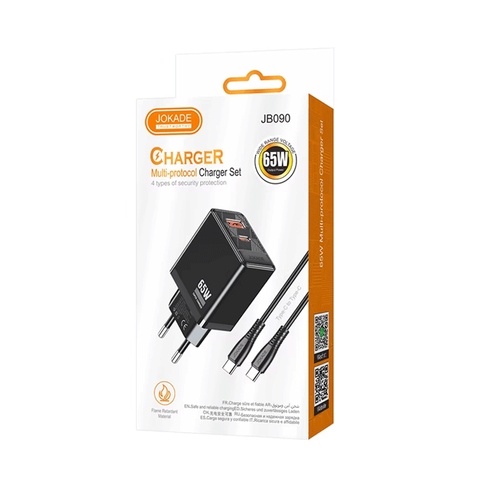 JOKADE JB090 Φορτιστής κινητού / Mobile Fast Charger 65W με 1 Θύρα USB-A Και 1 Θύρα Type-C Με Καλώδιο Type-C Σε Type-C - Χρώμα: Μαυρο